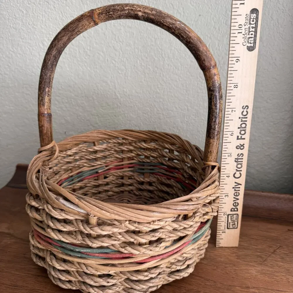 Vintage Brown Natural Woven Ratten Storage Basket Medium Round With Handle